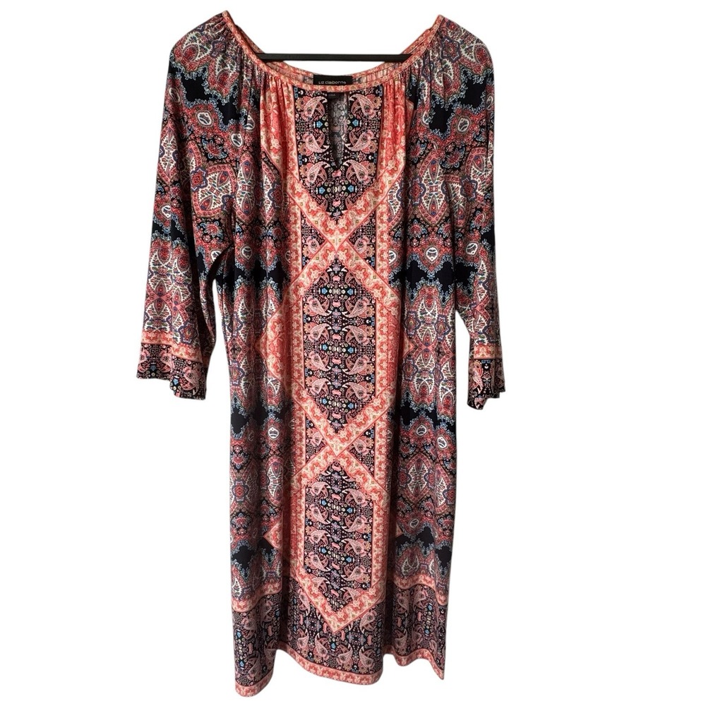 Liz Claiborne Dress Women's 12 Peach Paisley 3/4 Sleeve Pullover Cottagecore